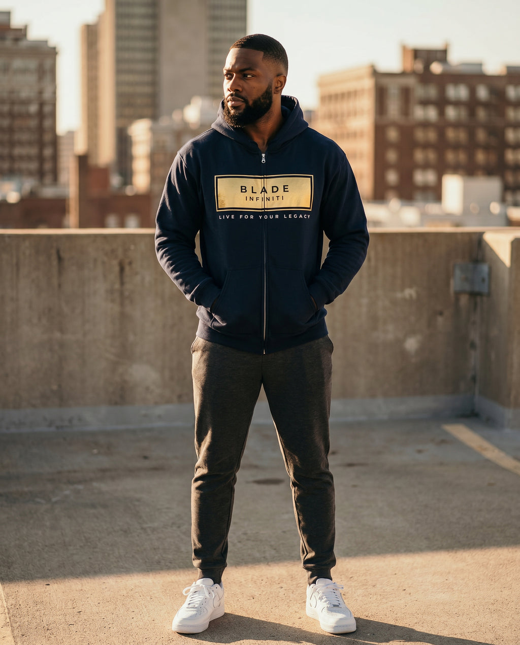 Legacy Essential Gold Zip Hoodie — Navy Size XL on model
