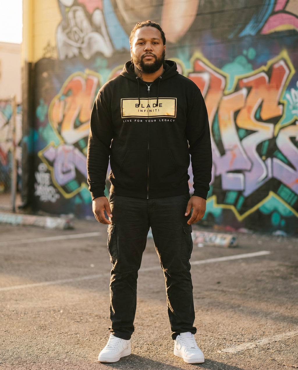 Legacy Essential Gold Zip Hoodie — Black Size M on model