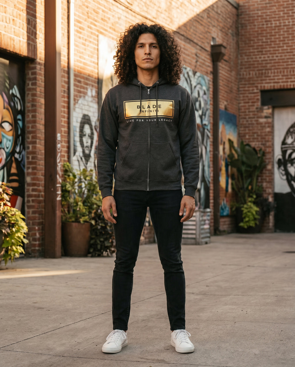 Legacy Essential Gold Zip Hoodie — Dark Heather Size L on model