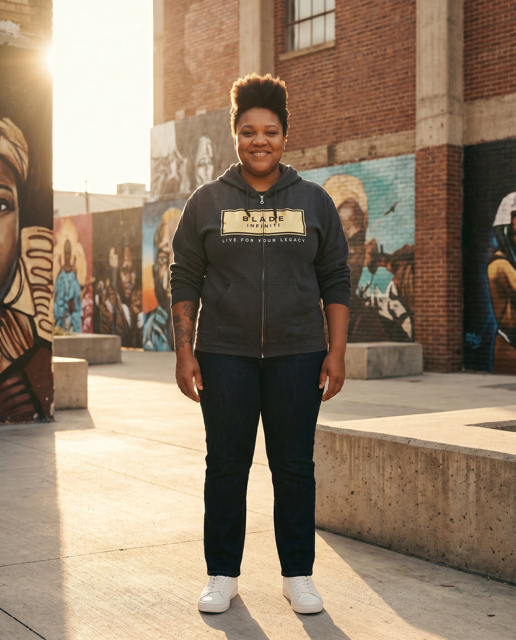Legacy Essential Gold Zip Hoodie — Dark Heather Size 3XL on model