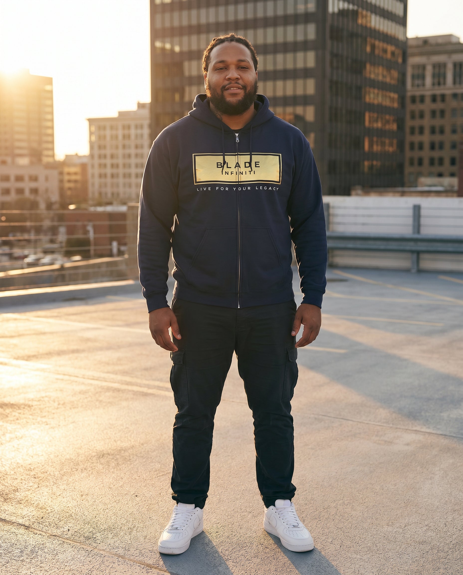 Legacy Essential Gold Zip Hoodie — Navy Size M on model