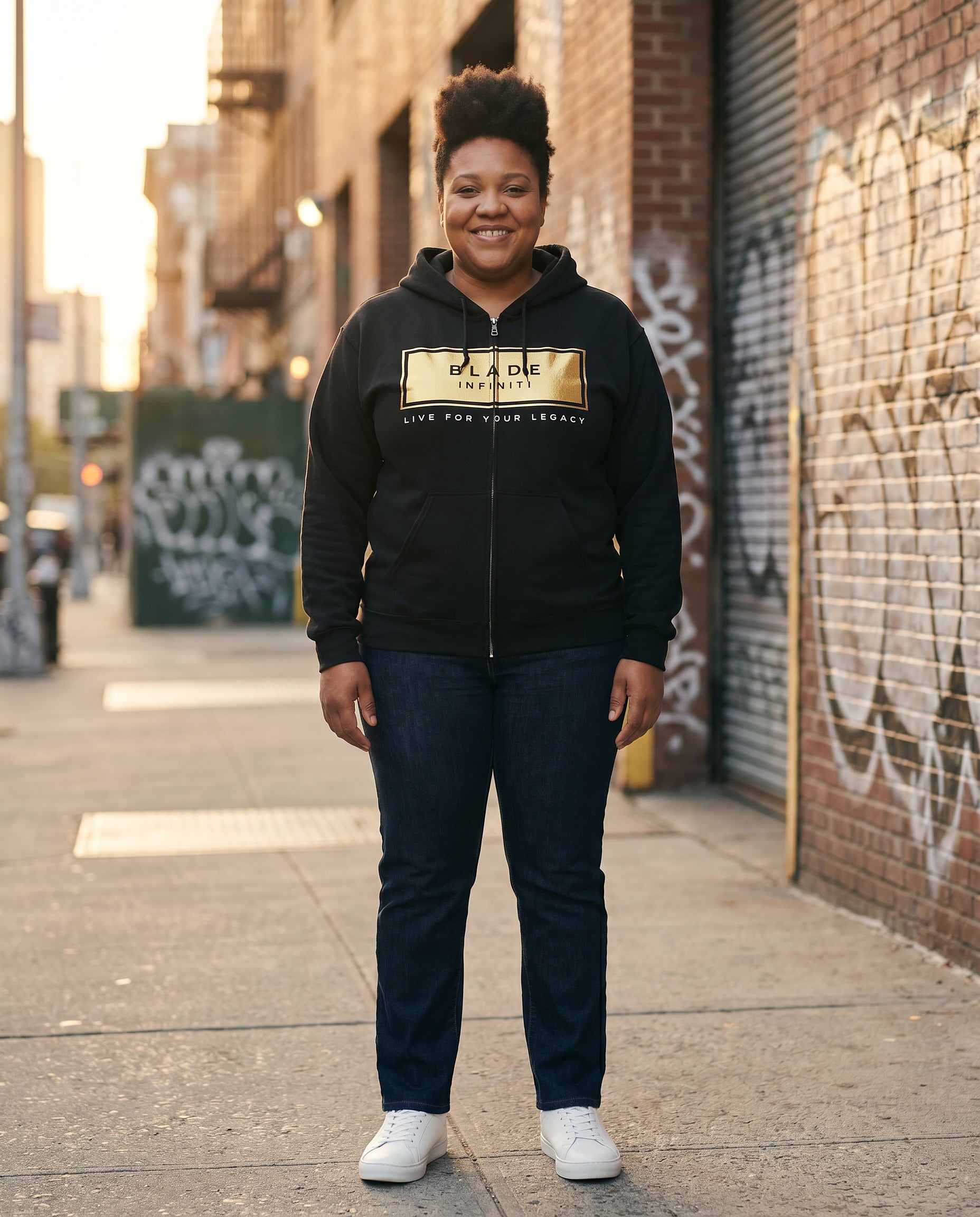 Legacy Essential Gold Zip Hoodie — Black Size 3XL on model
