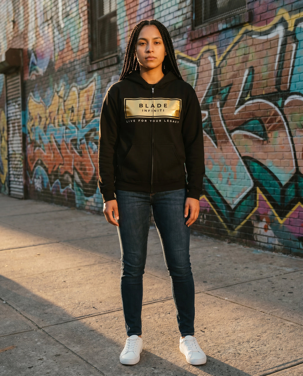 Legacy Essential Gold Zip Hoodie — Black Size S on model