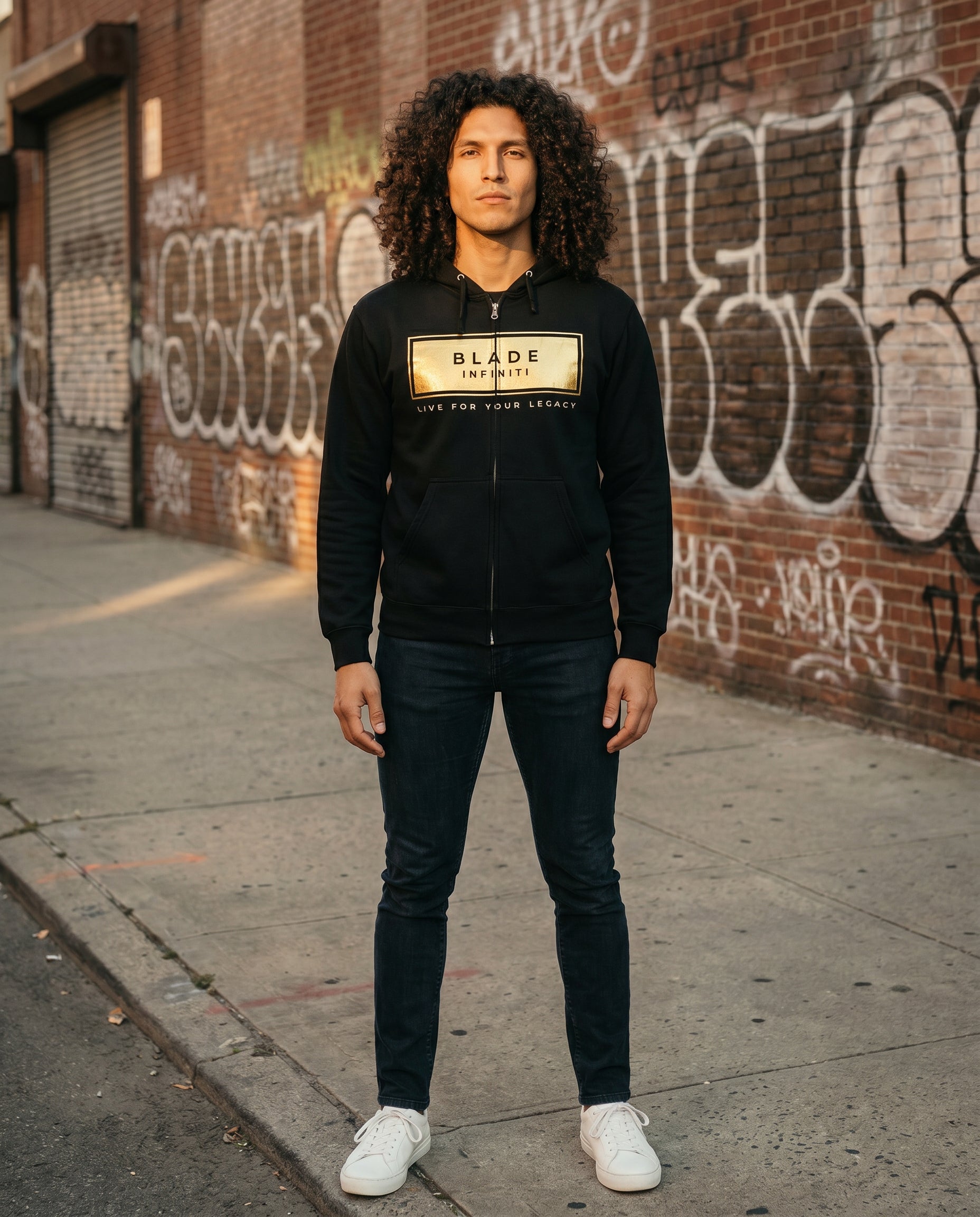 Legacy Essential Gold Zip Hoodie — Black Size L on model