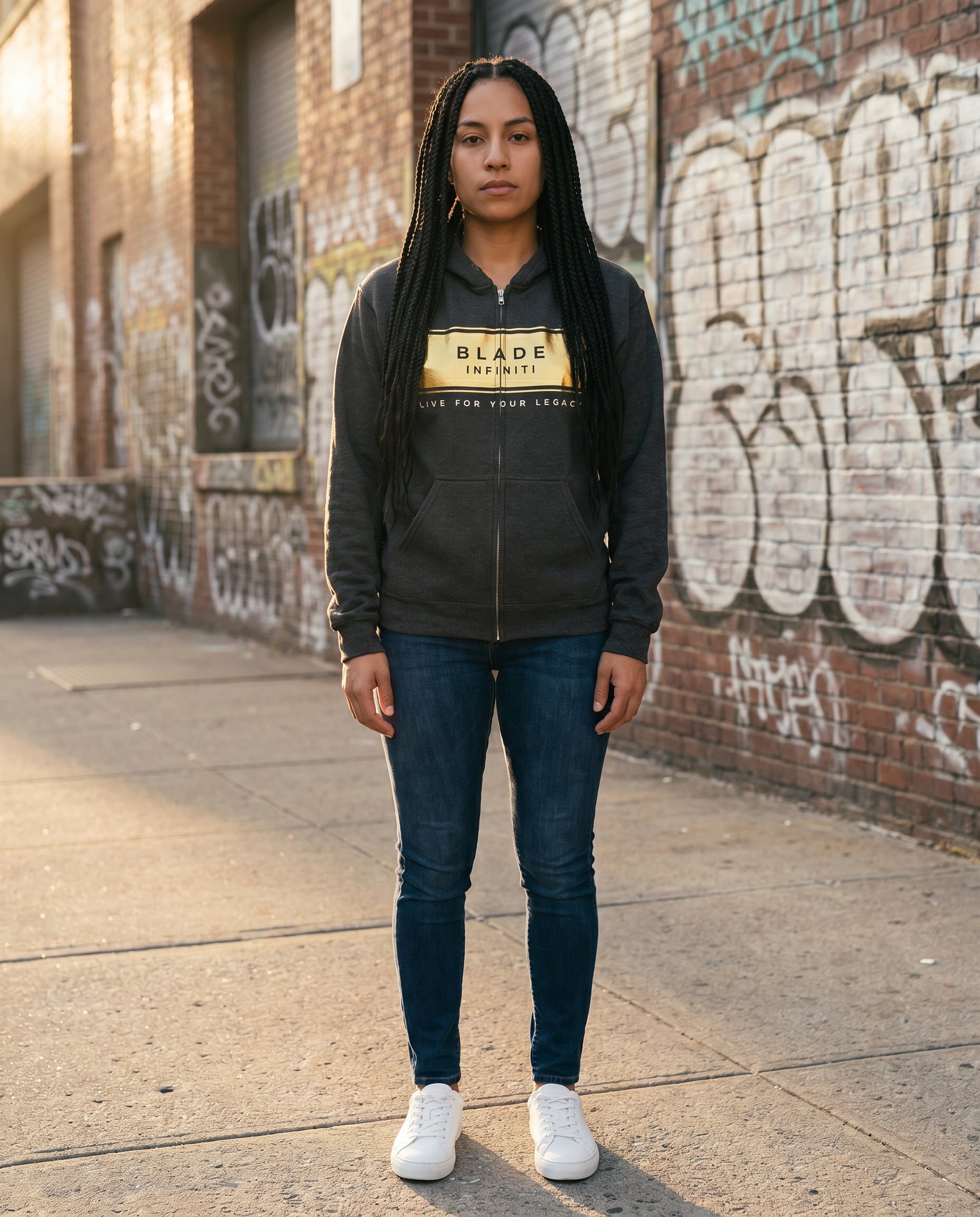Legacy Essential Gold Zip Hoodie — Dark Heather Size S on model