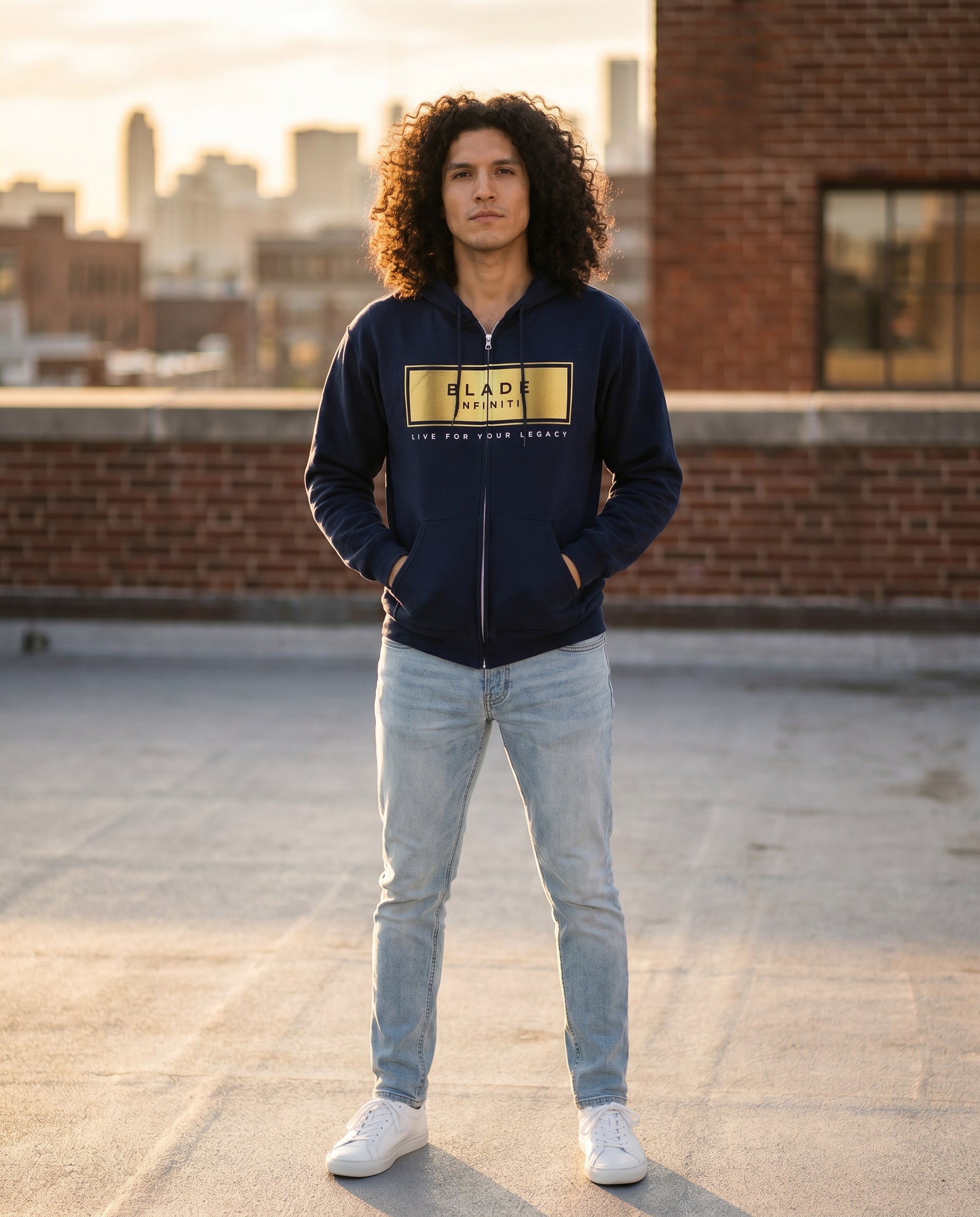 Legacy Essential Gold Zip Hoodie — Navy Size L on model