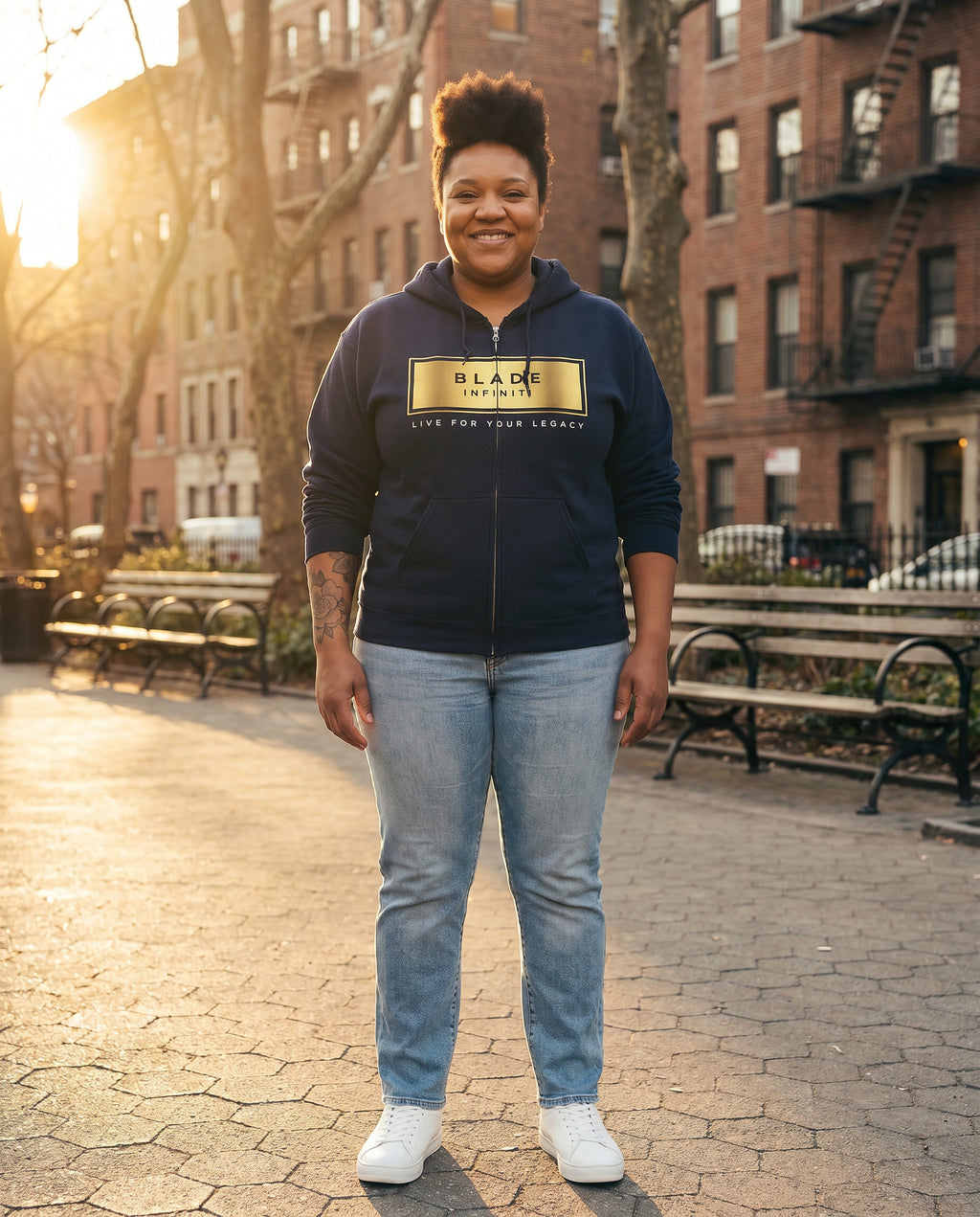 Legacy Essential Gold Zip Hoodie — Navy Size 3XL on model