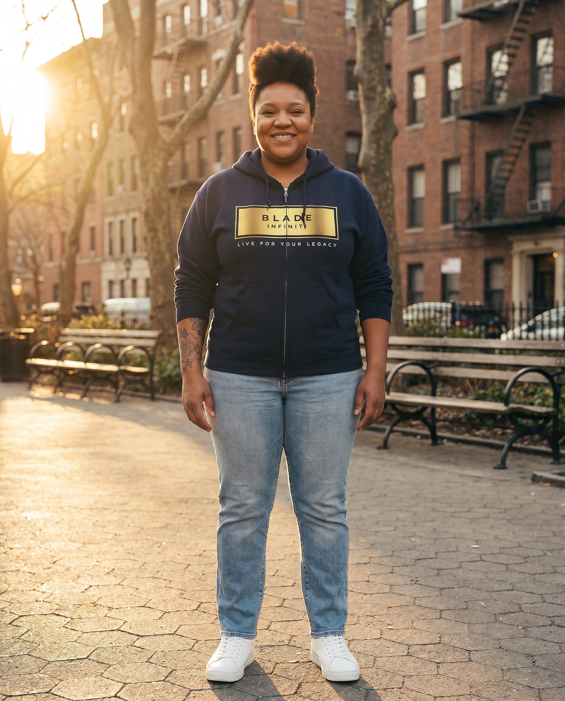 Legacy Essential Gold Zip Hoodie — Navy Size 3XL on model
